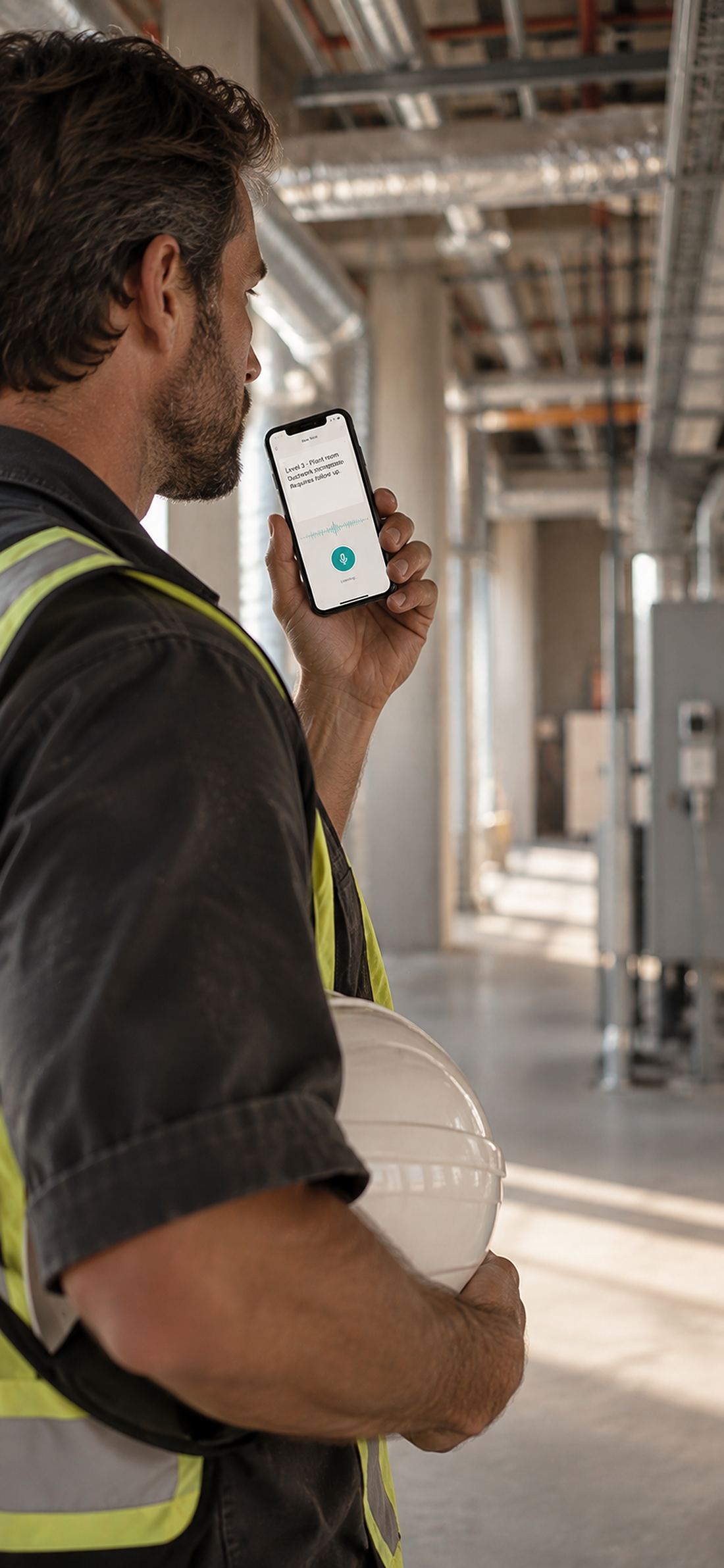 A worker dictating a site note into SiteWalk8 on a stripped commercial floor.