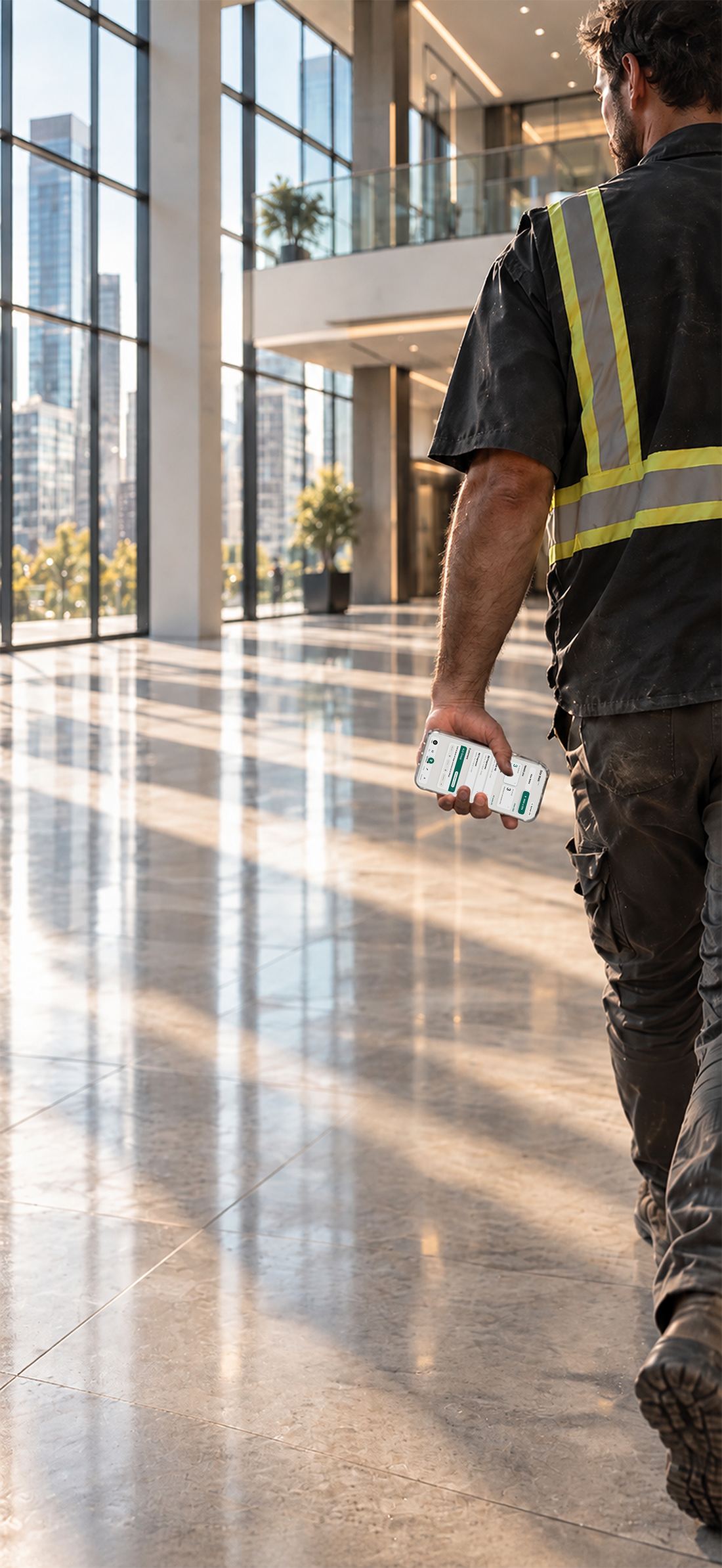 A tradesperson in hi-vis walking a commercial floor with SiteWalk8 open.